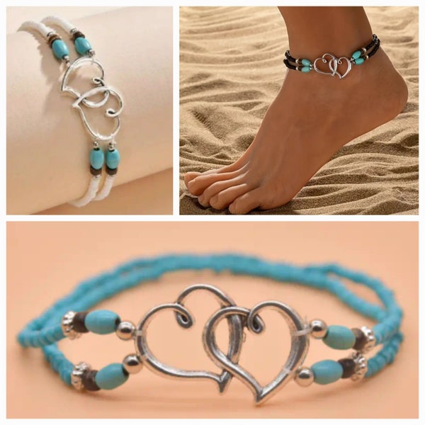 Beachy Bohemian Double Heart Beaded Anklet Ankle Bracelet Beach Jewelry Choose Lake Blue, White or Black Gift Idea Minimalist Handmade