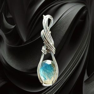 May include: A silver wire wrapped pendant featuring a blue and green gemstone. The pendant is on a black background.