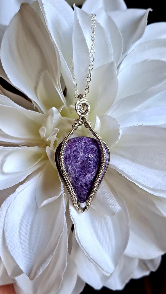 Natural Charoite Solid Argentium .940 Sterling Silver Pendant Necklace Handmade Healing Crystal
