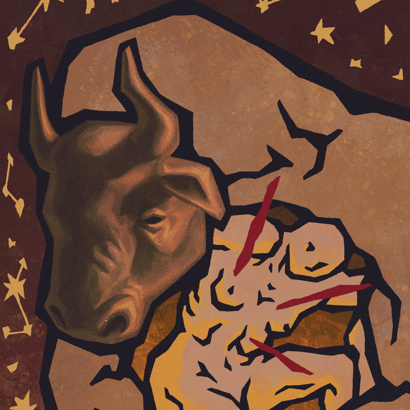 fine art print with hand painted silver embellishments The Brazen Bull