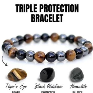 Tiger’s Eye Obsidian Hematite Triple Protection Bracelet