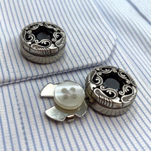 Vintage Silver Shirt Button Covers - Intricate Design with Black Stone - Perfect Formal Accessory and Gift for Men, Valentine&#39;s Gift for Men
