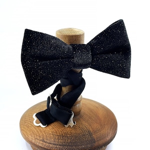Glitter Black Velvet Bow Tie, Shimmer Wedding Bow Tie, Solid Black Bow Tie, Groomsmen Bowtie, Wedding Bowtie Black, Unique Bow Tie for Mens image 1