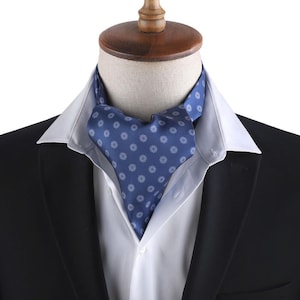 Elegant Blue Polka Dot Ascot Tie for Men – Classic Cravat Scarf, Stylish Wedding Groomsmen Neckwear, Vintage Formal Accessory