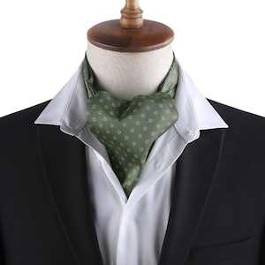 Olive Green Mens Ascot Cravat Scarf, Elegant Wedding Neckwear, Small Pattern Cravat, Formal Gentleman Style, Gift Idea for Him, Men&#39;s Scarf