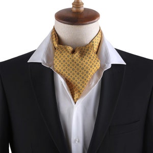 Saffraangele heren ascot das sjaal, elegante dassen met patroon, formele bruiloft ascot stropdas, herencadeau, stoere look, cadeau voor hem