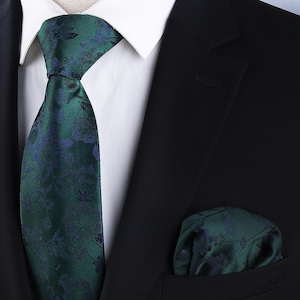 Green Floral Tie Set with Pocket Square - Luxury Classic Necktie for Weddings, Grooms, and Formal Events - Elegant Men&#39;s Fashion - Mens Gift