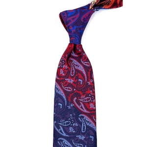 Handmade Microfiber Tie - Vibrant Red and Blue Paisley Design - Elegant Men&#39;s Accessory for Weddings, Formal Events, or Daily Sophistication