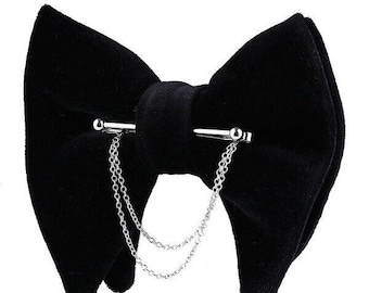Black Velvet Bow Tie with Silver Collar Chain, Velvet Bowtie Solid Black, Gift for Men Bowtie, Wedding Gift, Gift for Grooms, Grooms Bow Tie