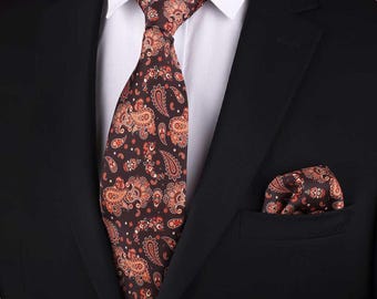 Vintage SCHRETER Neck Tie Mens Brown Paisley Swirl Silk Extra