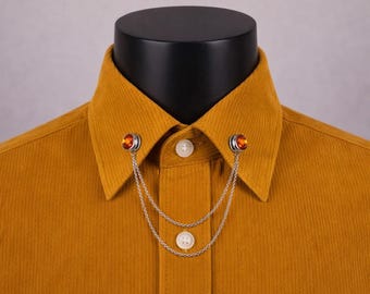 Broche de cuello con cadena de piedra naranja, broche de camisa de doble cadena en tono plateado