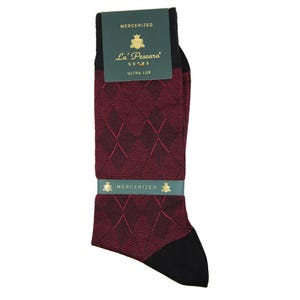 May include: Red and black patterned socks with a black toe and heel. The socks have a label that reads "La' Pescara Socks Ultra Lux Mercerized".