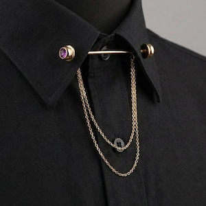 Gold Collar Chain Pin with Amethyst Stone - Purple, Blue, Black, White, Red Double Chain