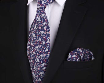Navy Paisley Tie Set • Silk-Feel Necktie with Matching Pocket Square