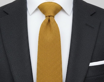 Mustard Yellow Knit Silk Tie, Handmade Textured Necktie, 6cm Width