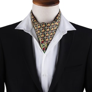 Baroque Floral Pattern Ascot Cravat for Men - Retro Yellow Red Green Scarf - Elegant Dandy Wedding Gift Accessory - Unique Italian Men Ascot