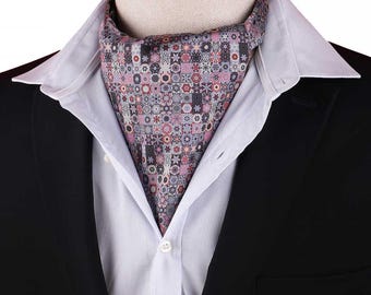 Corbata Ascot de mosaico gris y rosa para hombre, corbata de boda de lujo, corbata vintage artística para caballero.