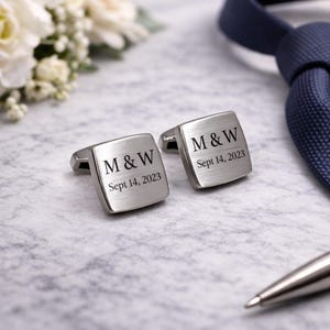 Gemelli da matrimonio personalizzati, iniziali personalizzate e data incisa, oro, argento, bronzo, quadrati e rotondi