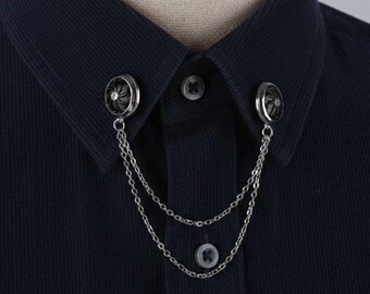 Silver Shirt Collar Chain – Black Windmill Pin