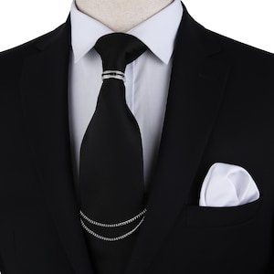 Silver Tie Chain & Crystal Ring Set: Elegant Men&#39;s Wedding Jewelry