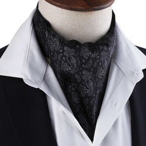 Elegant Black Paisley Ascot Cravat | Silky Mens Neckwear | Victorian & Steampunk Style | Formal Gentleman Scarf