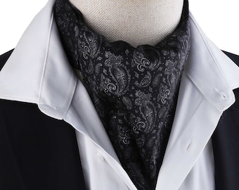 Elegant Black Paisley Ascot Cravat Silky Mens Neckwear Victorian  Steampunk Style Formal Gentleman Scarf