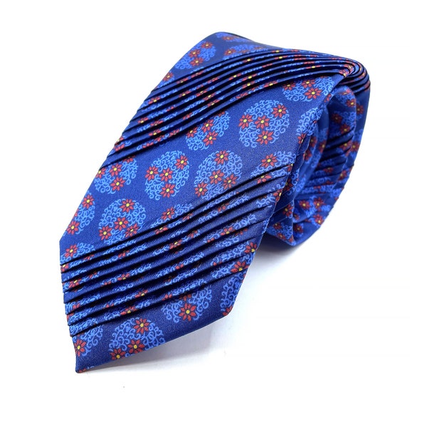 Blaue Blumenmuster Luxus Krawatte, Handgefertigte Plissee Exklusive Krawatte, Geschenk für Männer, Hergestellt in Italien, Valentinstag Geschenk für Männer, Geschenk für Männer Reine Seide