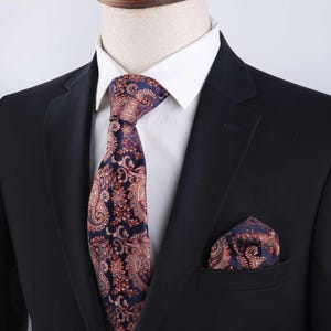 Navy Blue and Orange Paisley Tie and Pocket Square Set - Stylish Men&#39;s Necktie for Weddings, Business & Formal Wear | Grooms Wedding Tie