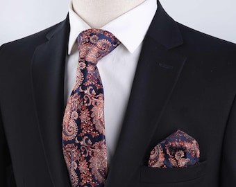 Navy Blue Paisley Tie Set: Men's Wedding Necktie & Pocket Square