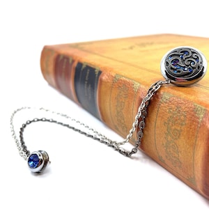 Silver Lapel Pin with Blue Crystals and Double Chain - Elegant Suit Accessory for Men - Formal Jacket Decoration for Special Events