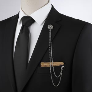 Personalized Initial Lapel Pin: Silver Suit Accessory with Double Chain