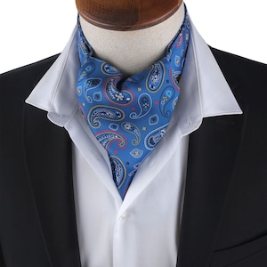Mens Blue Ascot Cravat, Printed Satin Ascot for Men, Blue Mens Motif Printed Ascot, Floral Ascot for Men, Blue Mens Ascot, Gift for Him