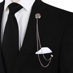 Two Tone Gold & Silver Lapel Pin Chain Brooch for Men, Elegant Suit Jacket Accessory, Crystal Detail Gentlemen’s Wedding Gift, Wedding Chain