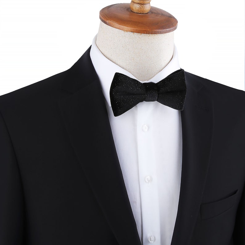 Glitter Black Velvet Bow Tie, Shimmer Wedding Bow Tie, Solid Black Bow Tie, Groomsmen Bowtie, Wedding Bowtie Black, Unique Bow Tie for Mens