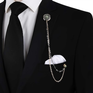 Grüne Kristall Revers Pin Kette, Gold & Schwarz Doppelkette Anzug Brosche für Männer, Vintage Jacke Pin, elegantes formelles Accessoire, Geschenk für Ihn