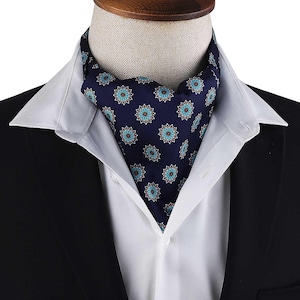 Mens Blue Ascot Cravat, Printed Satin Ascot for Men, Mens Motif Printed Ascot, Navy Ascot for Men, Blue Mens Ascot, Exclusive Gift for Him