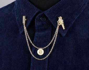 Gold Bird Collar Chain Pin, Crystal Parrot Brooch, Groom Wedding Jewelry