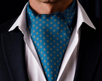 Blauwgroene paisley-ascot-stropdas voor heren, luxe trouwdas, formele das in vintage stijl