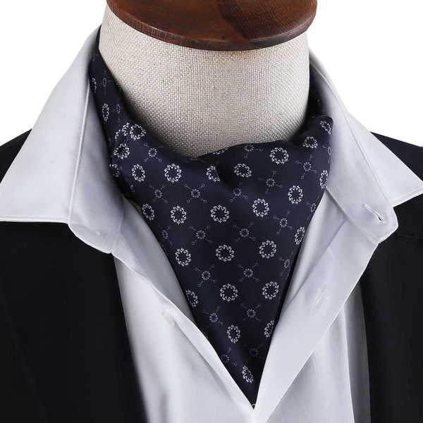 Mens Dark Blue Ascot Cravat, Printed Satin Ascot for Men, Mens Motif Printed Ascot, Floral Ascot for Men, Dark Blue Mens Ascot, Gift for Him