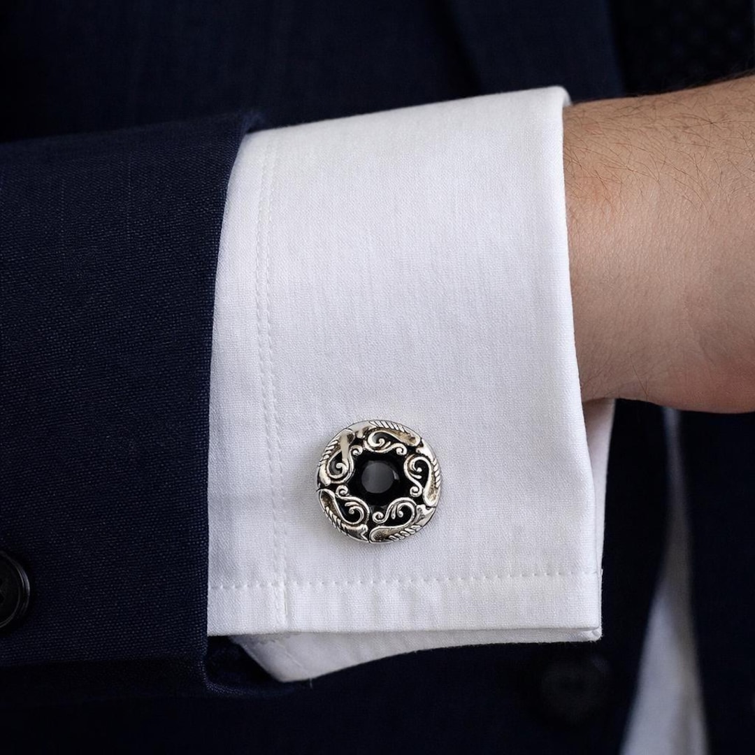 Vintage Silver Shirt Button Covers: Intricate Black Stone Design Vintage Silver Shirt Button Covers: Intricate Black Stone Design