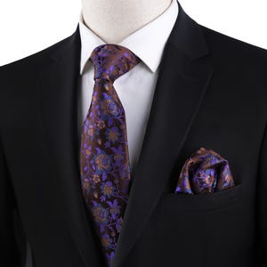 Florale braune seidige Krawatte mit passendem Einstecktuch - Elegante klassische Krawatte für Hochzeiten, Business, und formelle Kleidung, Hochzeit Blumenkrawatten