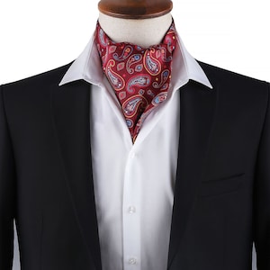 Cravatta Ascot Paisley rosso intenso per uomo - Sciarpa e foulard rosso scuro, elegante accessorio formale per cravatte, accessorio vintage per sposo e sposo.