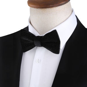 Glitter Black Velvet Bow Tie, Shimmer Wedding Bow Tie, Solid Black Bow Tie, Groomsmen Bowtie, Wedding Bowtie Black, Unique Bow Tie for Mens image 2