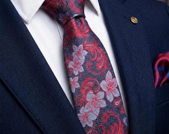 Floral Navy Blue Tie Set, Red Flower Pattern, Microfiber Necktie and Pocket Square
