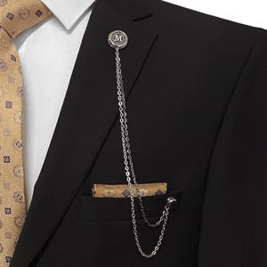 Personalized Initial Lapel Pin: Silver Suit Accessory with Double Chain