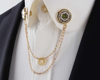 Gold Double Chain Collar Pin, Green Stone Vintage Gothic Mens Jewelry