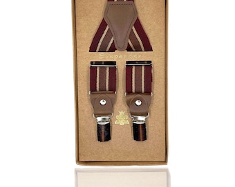 Tirantes de rayas burdeos: detalles de cuero marrón, grabado personalizado