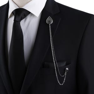 Handmade Silver Lapel Chain Brooch with Black Gemstone - Stylish Tear-Drop Suit Pin for Weddings, Formal Events, and Elegant Looks, Mens Pin