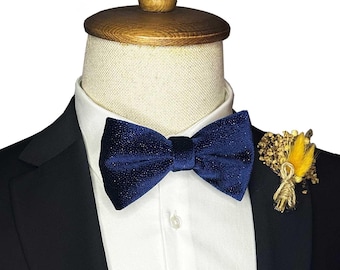 Navy Glitter Velvet Bow Tie, Handmade Formal Wedding Tuxedo Accessory