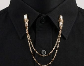 Gold Color Shirt Collar Pin with Clear Stone Chain